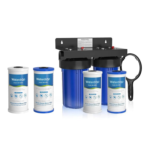 Waterdrop Whole House Water Filter System, with Carbon Filter and Sediment Filter×2, 5-Stage Filtration, Highly Reduce Lead, Chlorine, Odor and Taste, 2-Stage 5 Micron WD-WHF21-PG, 1" Inlet/Outlet
