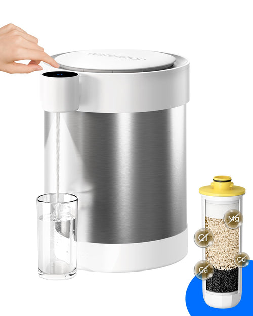 Waterdrop Rechargeable Non-Gravity Water Filter System with LED Function, 5-Stage Stainless Steel Dispenser, Reduce 70+ Contaminants, Soften Water, 22-Cup Countertop Water Filtration System