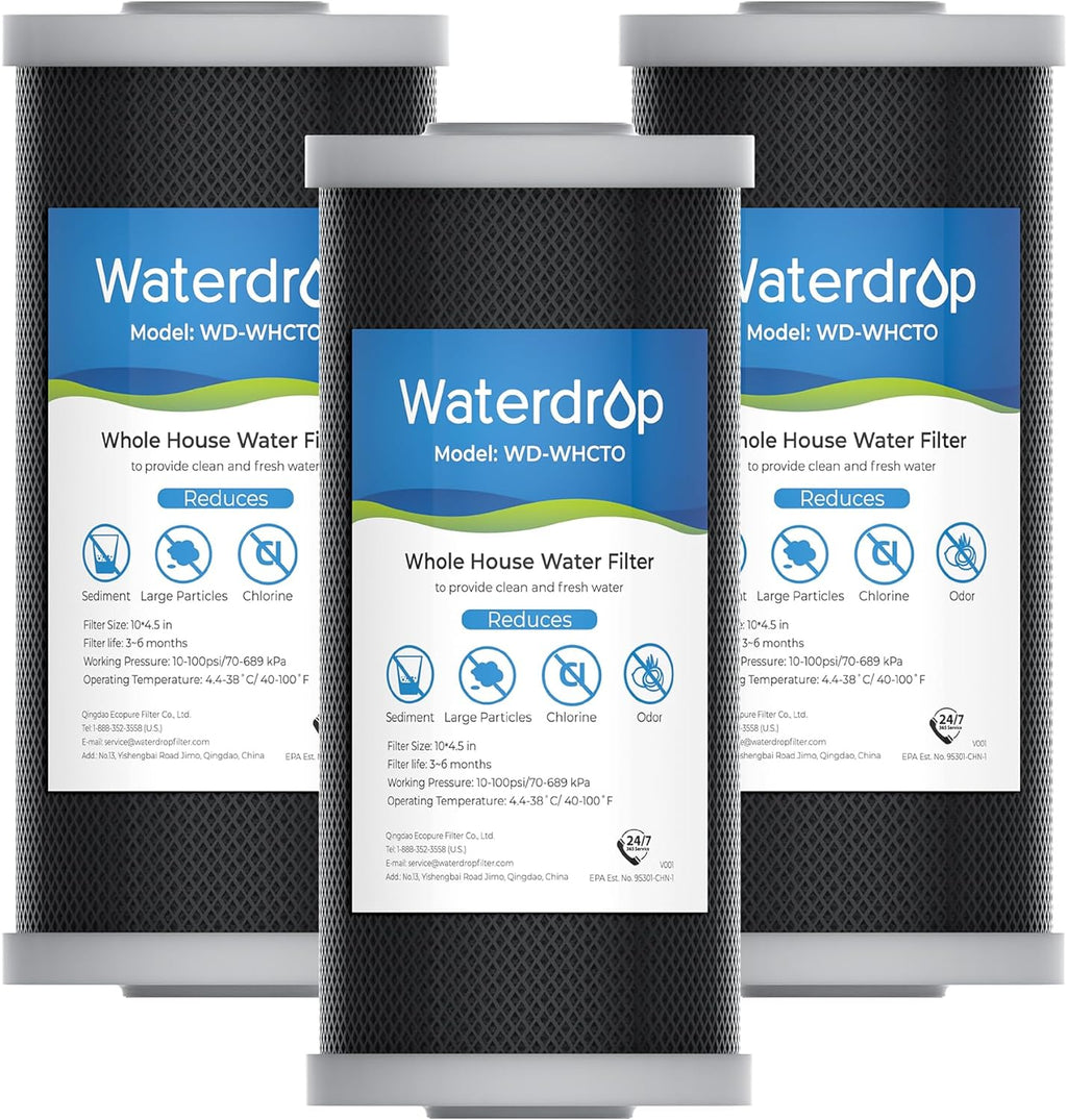Waterdrop Whole House CTO Carbon Sediment Water Filter Cartridge Replacement for GE® FXHTC, GXWH40L, W10-PR, Culligan® RFC-BBSA,10"X4.5", 5 Micron, 3Pack