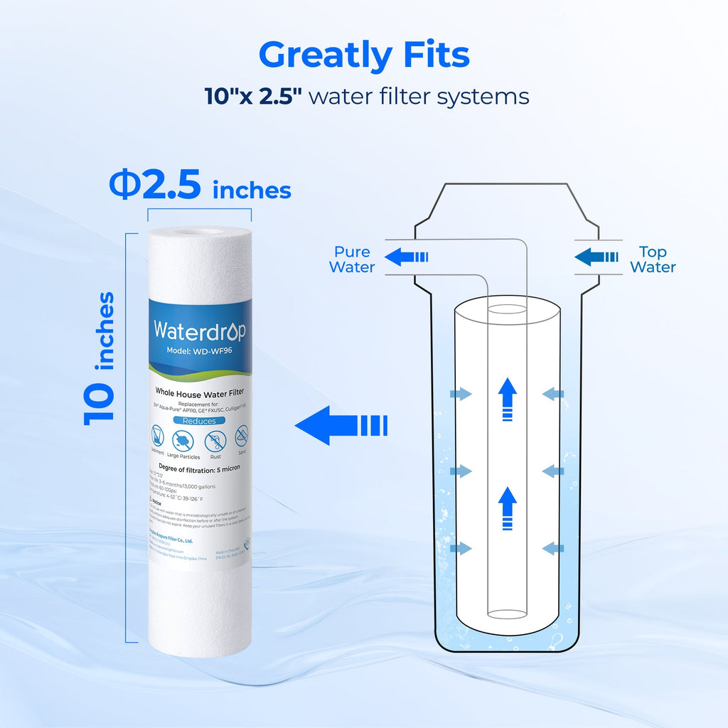 Waterdrop 5 Micron 10" x 2.5" Whole House Sediment Home Water Filter Cartridge Replacement for Any 10 inch RO Unit 6pcs